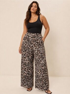 INTEMPO XXL Leopard Plisse Pleated Wide Leg Pants Elastic Waist